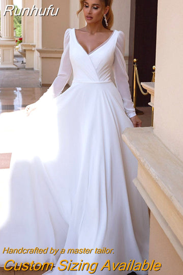 Runhufu Boho V-Neck Wedding Dress For Women Long Sleeves Pleats A-Line Simple Chiffon Bride Gown Sweep Train Vestido de Novia